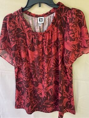 Anne Klein Red Floral Chiffon Blouse